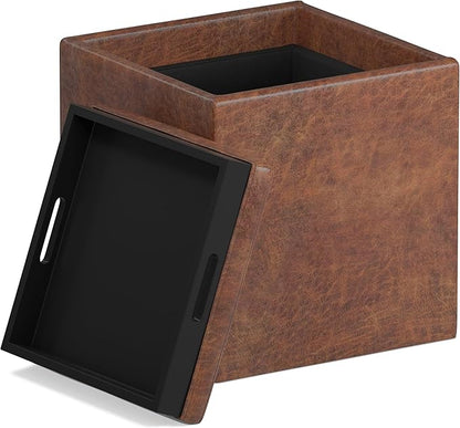 SIMPLIHOME Rockwood 18 inch Wide Contemporary Square Cube Storage Ottoman with Tray in Distressed Saddle Brown Vegan Faux Leather, Assembled, For the Living Room, Entryway and Family Room