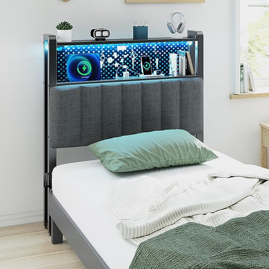 VINGLI Twin or Twin XL Size Headboard, Adjustable Upholstered Headboard with 2 Tier Shelves and Pegboard with Charging Stations and LED Lights, Modern Bed Headboard with Storage for Bedroom Decor