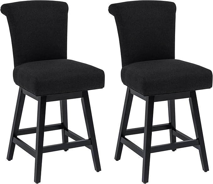 Bar Stools Set of 2, 26 Inch Upholstered Barstools with 15.7" High Back and Footrest, Swivel Counter Height Barstools for Kitchen Island Home Bar Performance Fabric Black