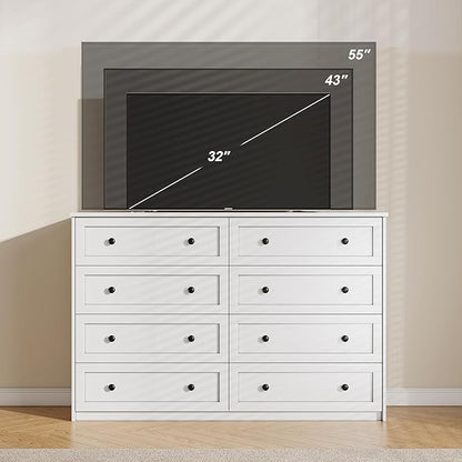 8 Drawer Double Dresser for Bedroom, 55.1" Wide White Dressers & Chests of Drawers with Large Capacity Storage,White Dresser for Bedroom, Hallway