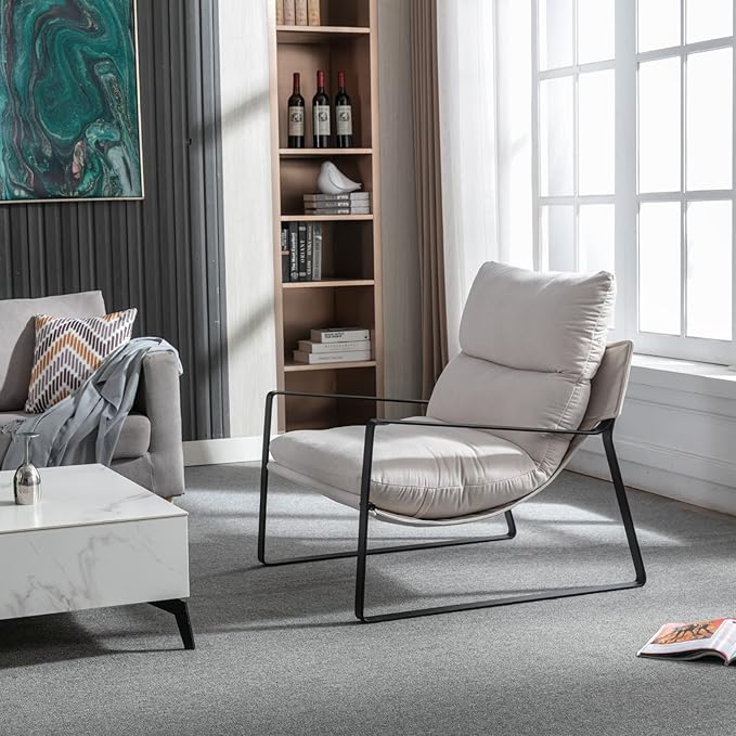 Mid-Century Accent Chair, Comfy Side Chair with Armrest Chenille Fabric, Upholstered Leisure Chair with Black Metal Frame for Living Room Bedroom Reception Room, White
