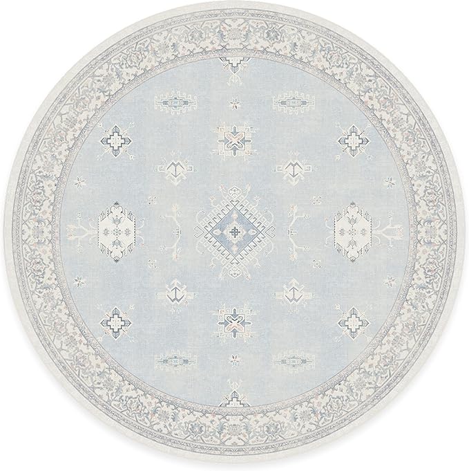 RUGGABLE Washable Vintage Area Rug – Verena Soft Blue 8 ft Round, Stain-Resistant, Non-Slip – Large Machine Washable Rugs for Living Room, Bedroom, Hallway, Entryway & Office–with Cushioned Pad