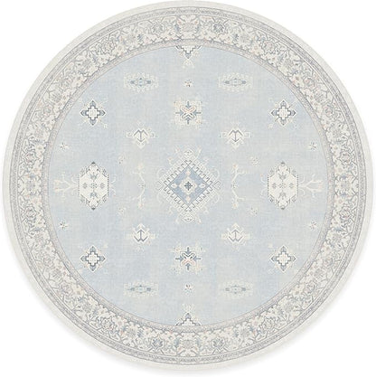 RUGGABLE Washable Vintage Area Rug – Verena Soft Blue 8 ft Round, Stain-Resistant, Non-Slip – Large Machine Washable Rugs for Living Room, Bedroom, Hallway, Entryway & Office–with Cushioned Pad
