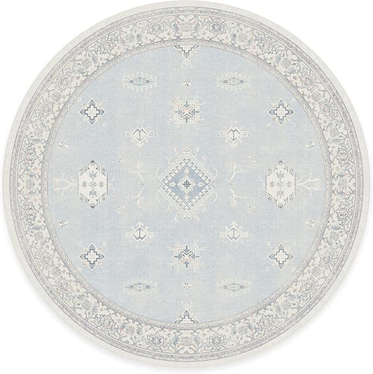 RUGGABLE Washable Vintage Area Rug – Verena Soft Blue 8 ft Round, Stain-Resistant, Non-Slip – Large Machine Washable Rugs for Living Room, Bedroom, Hallway, Entryway & Office–with Cushioned Pad