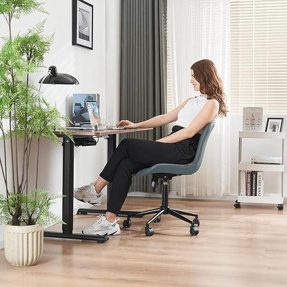 YOUNIKE Office Chair Armless Desk Chair with Wheels, Home Office Computer Task Chair, Modern Faux Leather Upholstered Vanity Chair, Adjustable Swivel Rolling Office Chairs, Greyishgreen