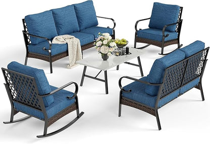5 Piece Metal Outdoor Patio Furniture Set, Patio Conversation Sets 3-Seater Sofa, 2-Seater Sofa, 2 Rocking Chair with 5.75" Thick Cushion & Coffee Table Backyard Furniture, Blue-2