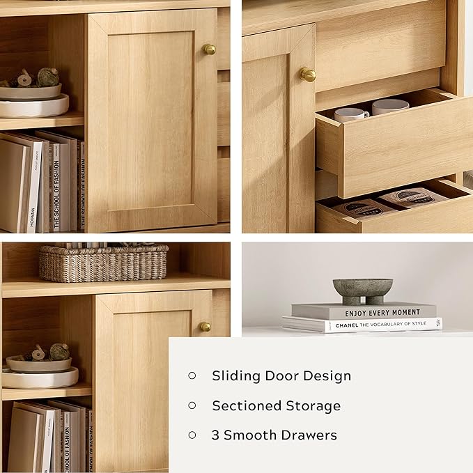 Small Bathroom Floor Cabinet with 3 Drawers Toilet Cabinet with Sliding Door Farmhouse Side Storage Organizer Cabinets with Faux Marble Top for Kitchen, Living Room， Natural Oak