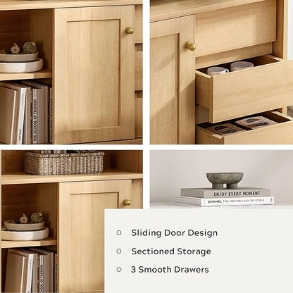 Small Bathroom Floor Cabinet with 3 Drawers Toilet Cabinet with Sliding Door Farmhouse Side Storage Organizer Cabinets with Faux Marble Top for Kitchen, Living Room， Natural Oak