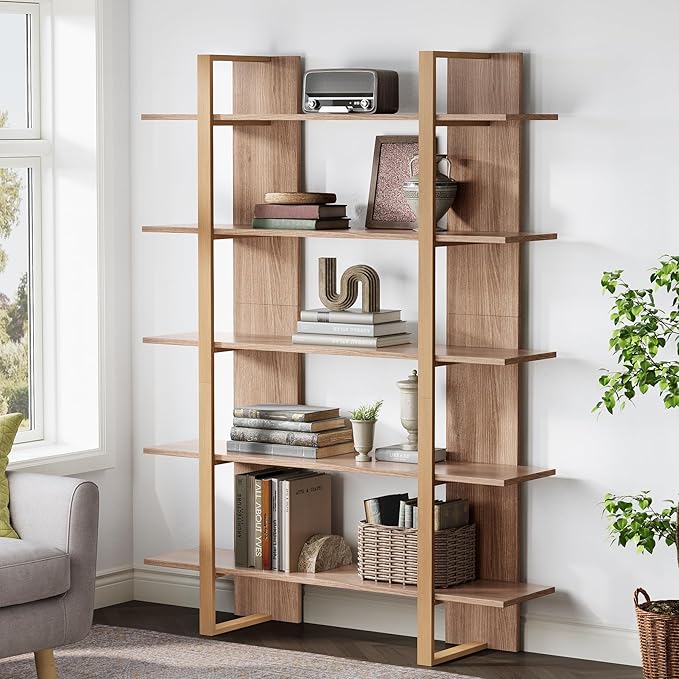 Tribesigns 5-Tier 47 Inches Bookshelf Bookcase, Boho Open Bookshelves Etagere Display Office Shelving Unit, for Living Room, Office & Bedroom, Metal & Wood, Retro Dark Brown