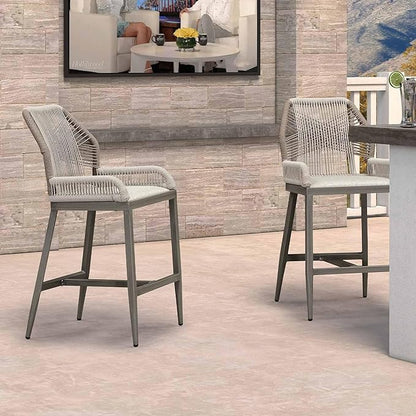 PURPLE LEAF 2 Pieces Counter Height Bar Stools Patio Boho Rattan Barstools Aluminum Woven Bar Chairs with Cushions for Outdoor Kitchen Island Garden