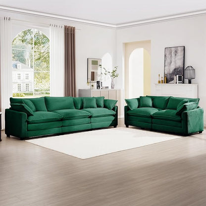 mikibama Luxury 2 Piece Sofa Set, 3-Seater & Loveseat Couch Set, Modern Corduroy Comfy Cloud Couches Set for Living Room Office with 4 Armrest Pillows and 5 Toss Pillows, Green
