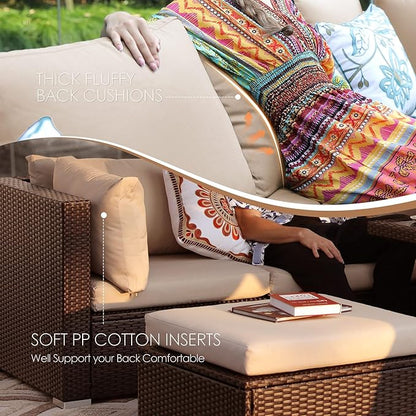 NICESOUL 29.3'' High Backrest Patio Furniture Sectional Set, 7 Piece Outdoor Conversations with Fireplace Natural Gas Propane Convertible, Deep Large Funky PE Rattan Sofa Couches for Backyard, Brown