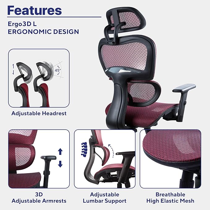 Nouhaus Ergo3dL Home Office Desk Chairs Ergonomic Office Chair High-Back Mesh Rolling Work Chairs with Wheels and Adjustable Headrests Comfortable Lumbar Support Adjustable Armrests(Burgundy)