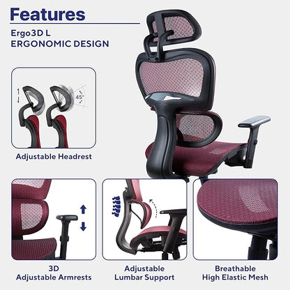 Nouhaus Ergo3dL Home Office Desk Chairs Ergonomic Office Chair High-Back Mesh Rolling Work Chairs with Wheels and Adjustable Headrests Comfortable Lumbar Support Adjustable Armrests(Burgundy)