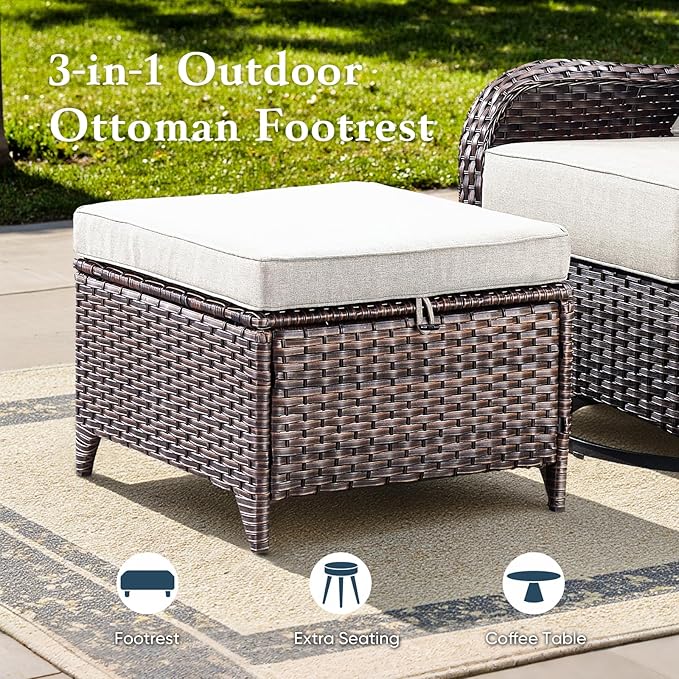 Belord Luxury 6" Thick Cushioned 5 Pieces Patio Furniture Set with 2 Ottomans, Wicker Outdoor Conversation Set with High Back Swivel Rocker Patio Chairs for Deck Porch Yard and Poolside - Brown+Beige