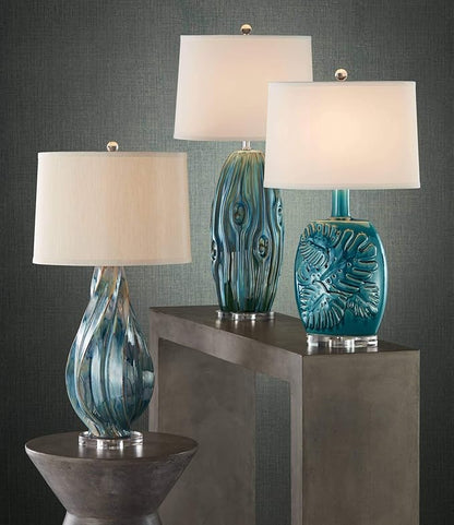 Possini Euro Design Teresa Modern Coastal Table Lamp 31" Tall Teal Blue Drip Ceramic Beige Fabric Drum Shade Decor for Bedroom Living Room House Bedside Nightstand Home Office Entryway Family