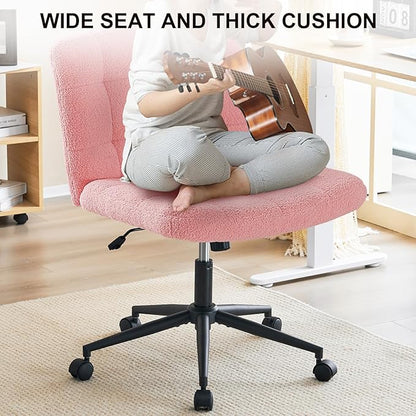 Furnimart Swivel Criss Cross Legged Chair with Wheels for Home Office, Wide Armless Desk Chair Height Adjustable Comfy Seat for Desk,Vanity, Bedroom, Faux Fur Pink
