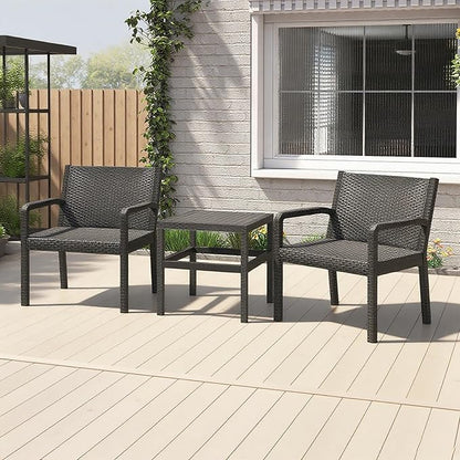 COSTWAY 3 Piece Patio Furniture Set, Outdoor PP Rattan Wicker Furniture Set with 2 Modern Rattan Armchair and 25” Squire Side Table for Patio, Garden, Poolside, Bistro, Black