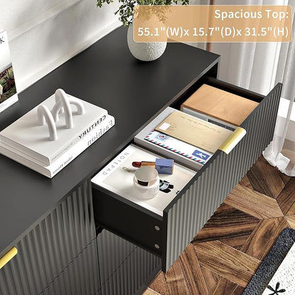 6 Drawers Fluted Dresser for Bedroom, 55" Wide Wooden Dresser with Deep Drawers, Large Floor Chest of Drawers, Modern Long TV Stand, Storage Cabinet Side Table, Black