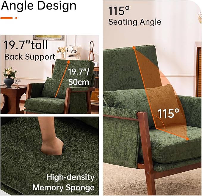Accent Chair with Wooden, Mid Century Modern Living Room Chairs with Soft Armrest, Reading Pottery Barn Accent Chair, Chenille Armchair, Comfy Side chair with Lumbar Pillow for Lounge, Green