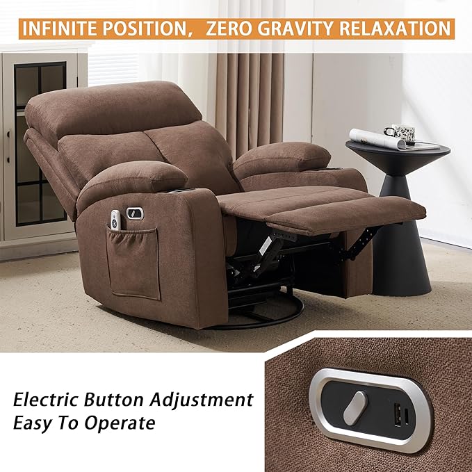Power Swivel Rocker Recliner Massage Chair for Adults, Electric Rocking Recliner Glider Chairs for Living Room with USB and Type-C Ports,Fabric Reclining Sofa Chair (Mocha Brown)