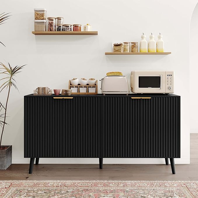 JASIWAY Sideboard Buffet Cabinet with Storage, 55" Sideboard with 4 Fluted Doors Scandinavian Wood Coffee Bar Cabinet Credenza for Living Room, Kitchen, Black