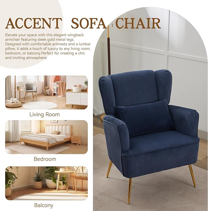 Corduroy Accent Living Room Arm Chair with Pillow & Golden Legs, 8.5" Thick Cushion, Mid Century Modern Wingback Chairs Upholstered Comfy Sofa Armchair for Reading Room/Bedroom, Blue