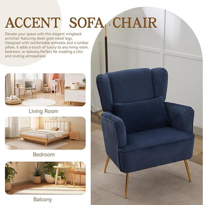 Corduroy Accent Living Room Arm Chair with Pillow & Golden Legs, 8.5" Thick Cushion, Mid Century Modern Wingback Chairs Upholstered Comfy Sofa Armchair for Reading Room/Bedroom, Blue