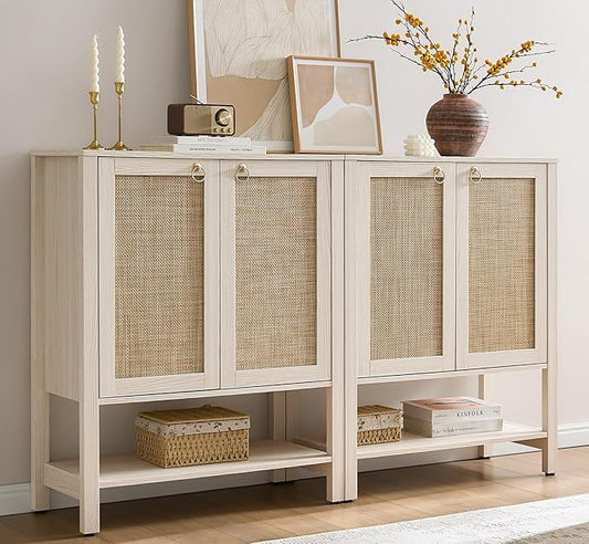 SICOTAS Shoe Storage Cabinet for Entryway - 5 Tier Rattan Entry Shoe Organizer Cabinet with Shelves & Doors, 2 Pieces Farmhouse Boho Shoe Rack for Hallway, Living Room, Closet (White Cream Oak)