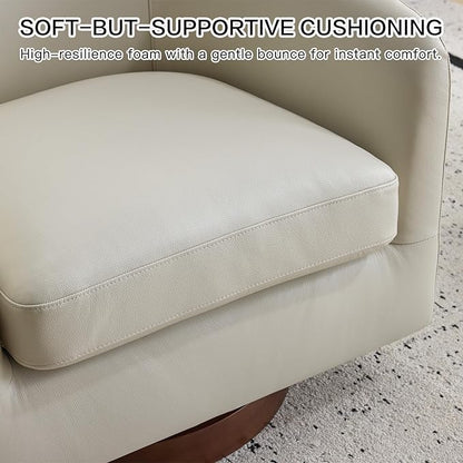 AEDI Genuine Leather Swivel Accent Chair with Solid Wood Base, Upholstered Barrel Armchair for Living Room, Modern Small Club Chair,Light Gray
