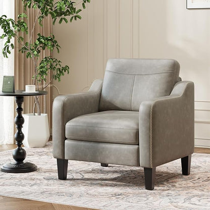 PU Leather Accent Chair Set of 2, Mid-Century Modern Living Room Armchair Sofa with Removable Cushions, Solid Wood Frame & Stitched Armrest Design, Bedroom Chair with Plastic Legs, Grey