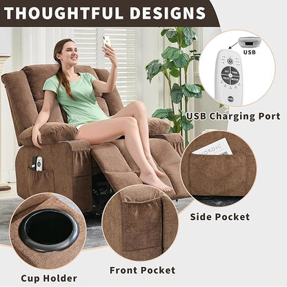 Large Power Lift Recliner Chair for Elderly Overstuffed Wide Electric Lift Chair with Heat and Massage for Big and Tall Adults Reclining Sofa Chair with 2 Cup Holders, Side Pocket, USB Port, Brown