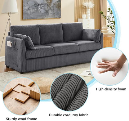 3 Seater Couches for Living Room, 79" Modern Corduroy Sofa with 2 Pillows and Storage Pockets, Small Couches for Apartment, Small Spaces, Home Office, Grey
