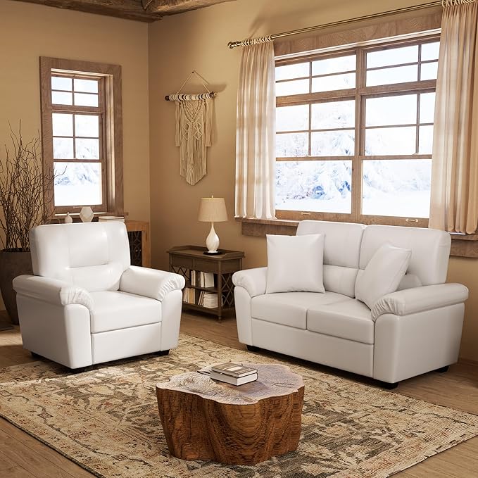 Morden Fort Faux Leather Chair and Loveseat Set, Modern Luxury Furniture with Removable and Easy to Clean Cushions, Skin-Friendly Wide Arm for Living Room Apartment Office Lounge, White