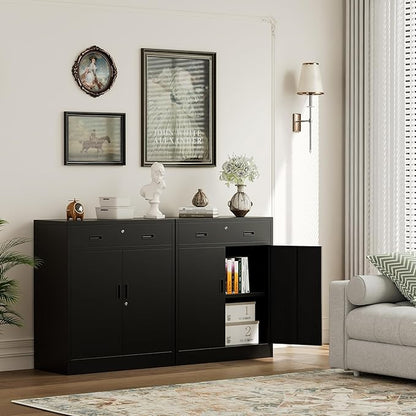 Steel Storage Cabinets，Metal Storage Cabinet with 1 Locking Drawers, Locking Storage Cabinets for Office, Home, Garage, Warehouse 37" H x 31.5" W x 15.7" D (Black)