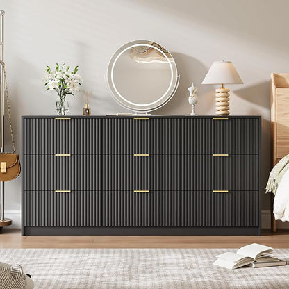 Black 9 Drawer Dresser for Bedroom, Modern Fluted Dresser with Gold Metal Handles, Wide Chest of Drawers for Bedroom, Living Room, Entryway, Hallway, 63" L x 15.7" D x 31.4" H