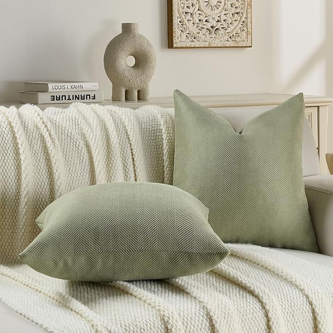 FUTEI Sage Green Chenille Throw Pillow Covers 16x16 Inch Set of 2,Soft Wide Chevron Textured Cushion Case,Farmhouse Home Decor for Couch Bed Living Room