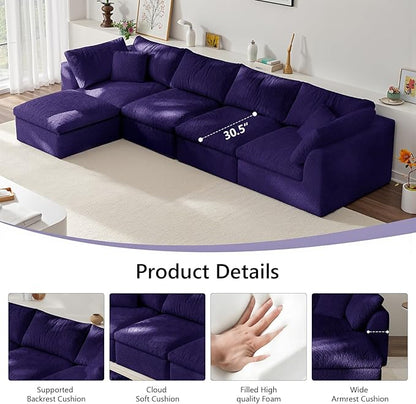138" Boneless Cloud Couch Modular Sectional Sofa with Deep Seat for Living Room, L Shape Couch with Ottoman, Snowflake Cloth and 40D Memory Sponge，2 Throw Pillows (Purple, 4 Seater+1 Ottoman)