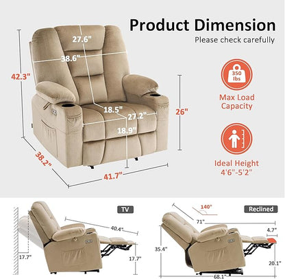 MCombo Oversized Power Lift Recliner Chair Sofa with Massage and Heat for Elderly People Petite, USB Ports, Side Pockets, Fabric R7561 (Beige, Small-Oversize)