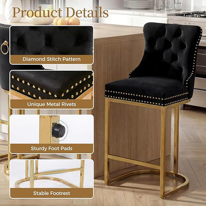 Counter Height Bar Stools Set of 2 for Kitchen Island, Modern Bar Stools with Backs, 26 Inch Barstools with Upholstered Velvet Seat and Metal Frame, Black