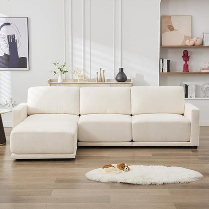 110.6" L-Shaped Modular Sectional Sofa Modern Chenille Comfy Couch with Thickened Seat Cushions, Easy Assembly, Upholstered 4 Seater Couch with Movable Ottoman for Living Room, White