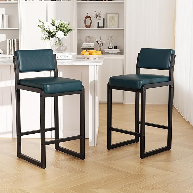 Bar Stools Set of 3, Faux Leather Counter Height Bar Stools with High Back and Metal Legs, Upholstered Bar Chairs, 26" Modern Barstools for Kitchen Island, Dark Blue