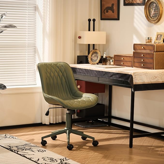 YOUNIKE Home Office Desk Chair with Wheels Armless Vanity Chair with Back Comfy Modern Leather Upholstered Rolling Task Chair Swivel Small Cute No Arms Wide Adjustable Ergonomic All Green