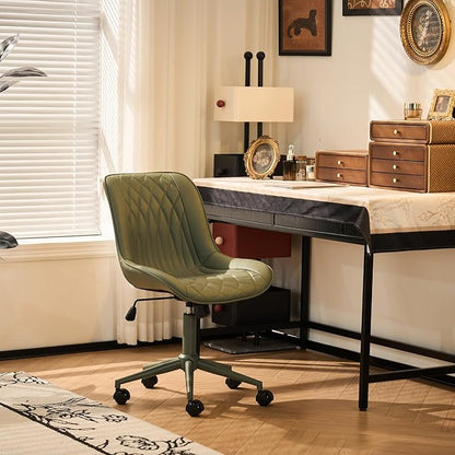 YOUNIKE Home Office Desk Chair with Wheels Armless Vanity Chair with Back Comfy Modern Leather Upholstered Rolling Task Chair Swivel Small Cute No Arms Wide Adjustable Ergonomic All Green