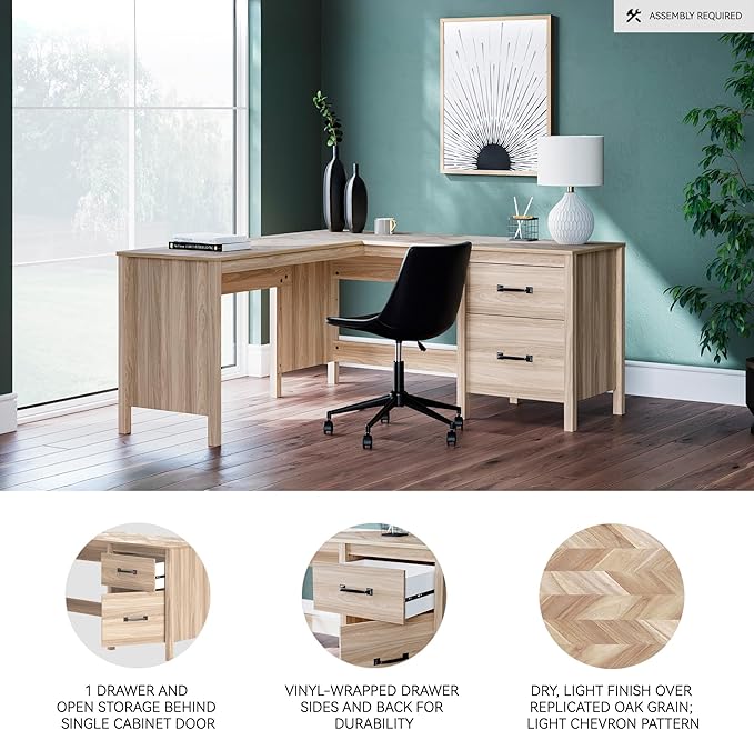 Signature Design by Ashley Battelle Casual L-Shaped Chevron Pattern 60" Home Office Desk with Return, Drawer and Cabinet, Light Brown
