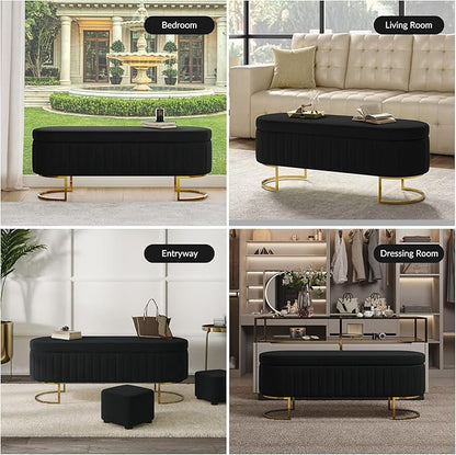 EcoHarbor Living 50.5" Storage Bench Velvet Bedroom Ottoman,Upholstered End of Bed Bench with Gold Legs,Flipping Lid Entryway Footrest