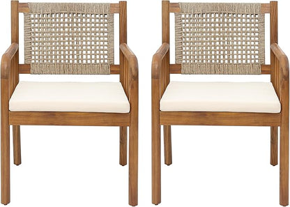 Christopher Knight Home Vera Outdoor Dining Chairs Set of 2, Acacia Wood Dining Chairs, Rattan Woven Back Armchair, Armchair with Cushion Seat, Patio Chair for Poolside Garden Balcony, Teak+Cream