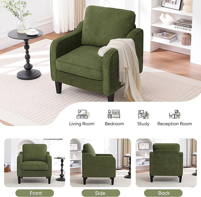 Accent Chair for Living Room, Mid Century Modern Reading Chair for Bedroom, Upholstered Armchair with Side Pockets, Comfy Single Sofa Side Chair for Office, Apartment, Small Room, Olive Green