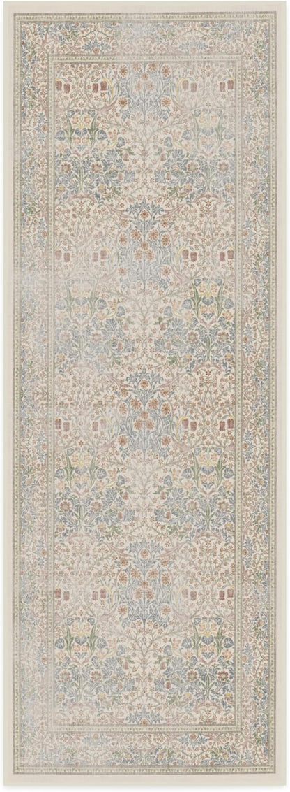 RUGGABLE x Morris & Co Machine Washable Runner Rug – Blackthorn Ivory Blue 2.5x7, Stain-Resistant, Non-Slip – Washable Rug for Hallway, Entryway, Living Room & Kitchen–with Cushioned Pad