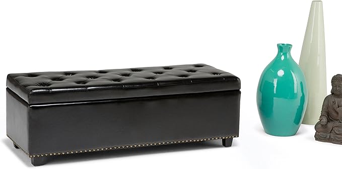 SIMPLIHOME Hamilton 48 inch Wide Transitional Rectangle Storage Ottoman in Midnight Black Vegan Faux Leather, Assembled, For the Living Room, Entryway and Family Room